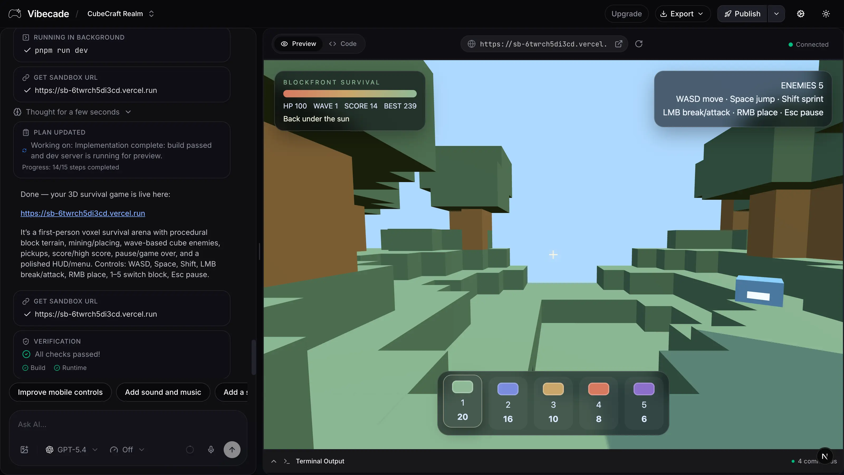 Vibecade workspace — AI chat, code editor, and live game preview